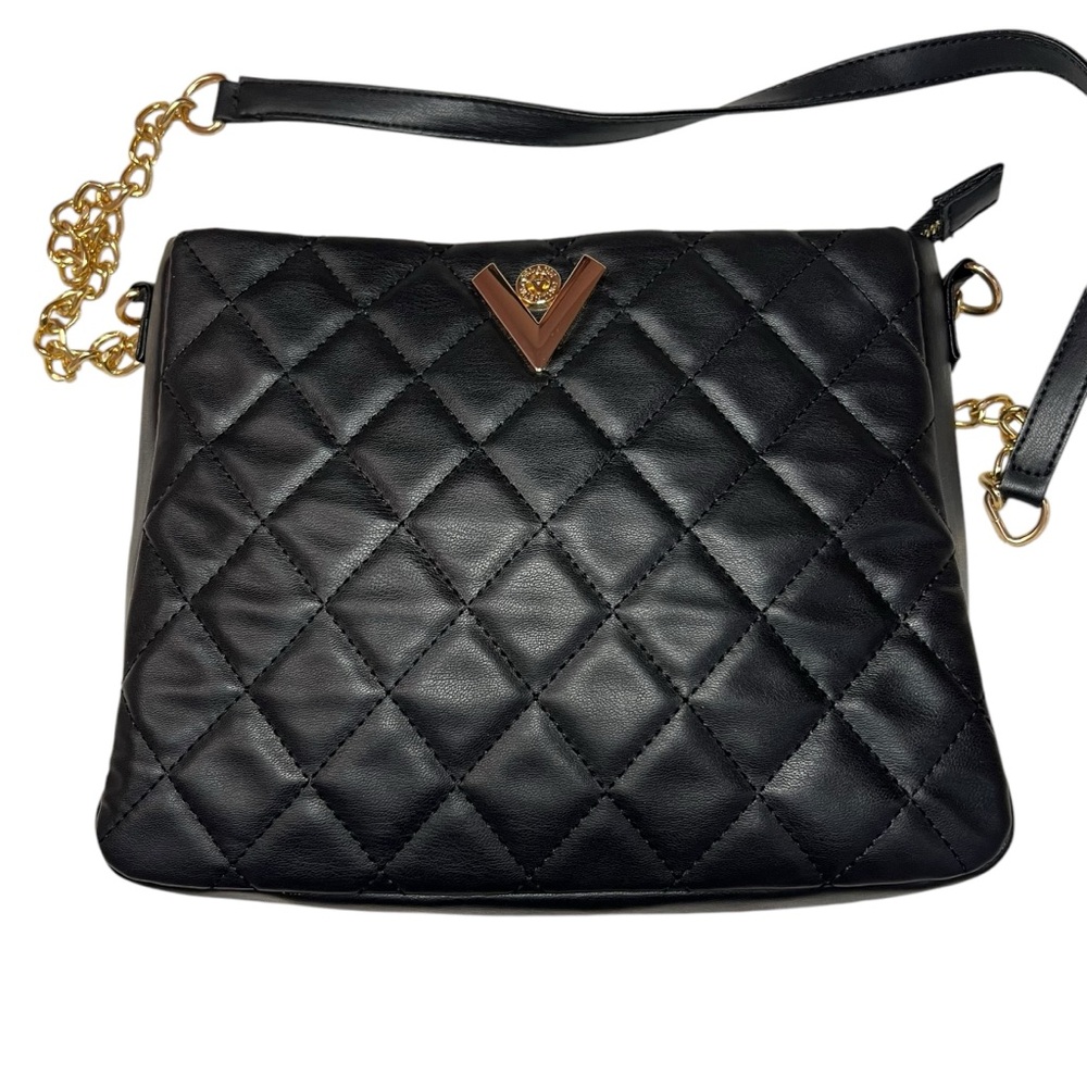 Valentino Orlandi Midsize Black Quilted Shoulder Bag with Gold Chain Purse